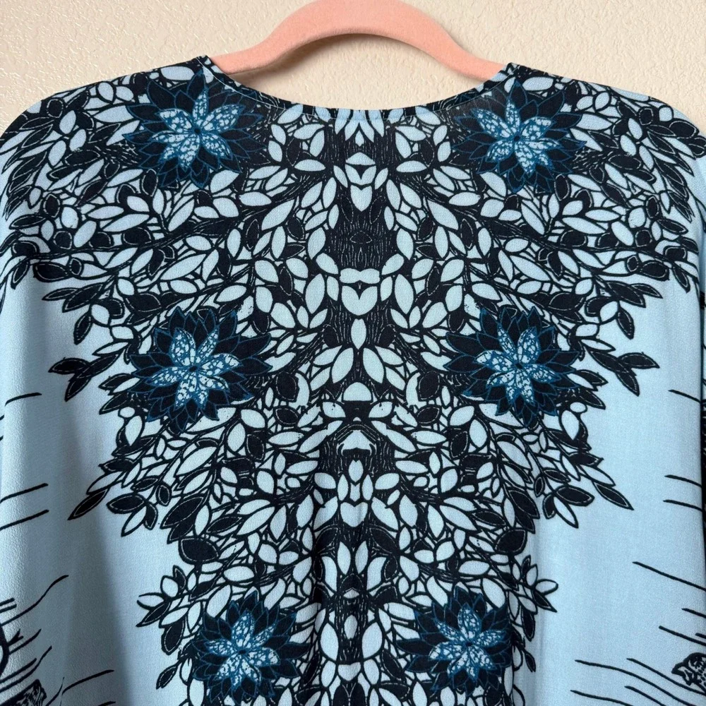 Free People Top XS Blue Birds of a Feather Floral Balloon Sleeve Boho Oversized